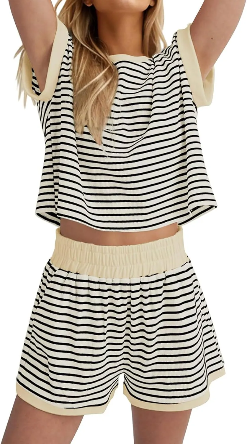 2 Piece Lounge Set Women Striped Color Block Sweatsuit Casual Loose Short Sleeve Tops Shorts Summer Lounge Sets