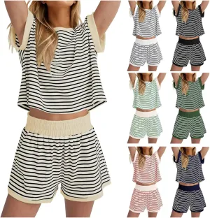 2 Piece Lounge Set Women Striped Color Block Sweatsuit Casual Loose Short Sleeve Tops Shorts Summer Lounge Sets