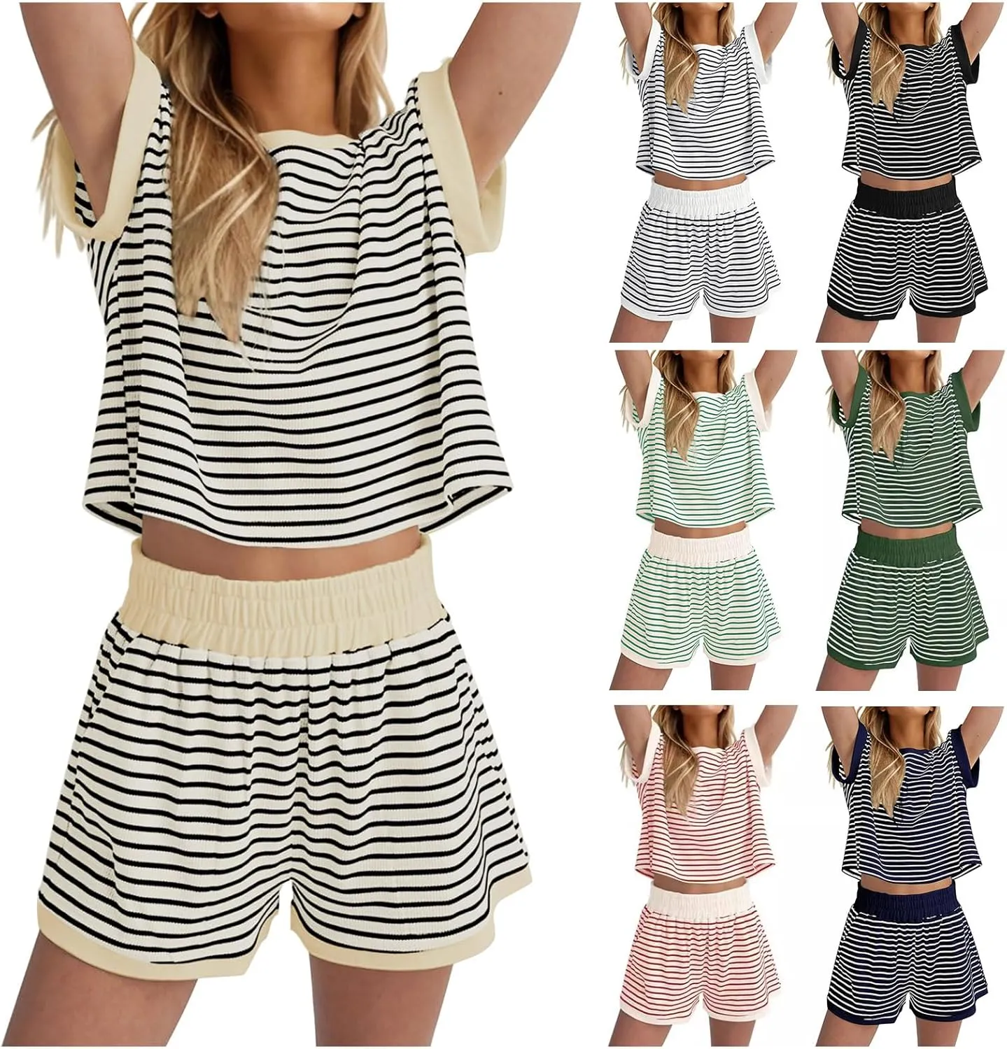 2 Piece Lounge Set Women Striped Color Block Sweatsuit Casual Loose Short Sleeve Tops Shorts Summer Lounge Sets
