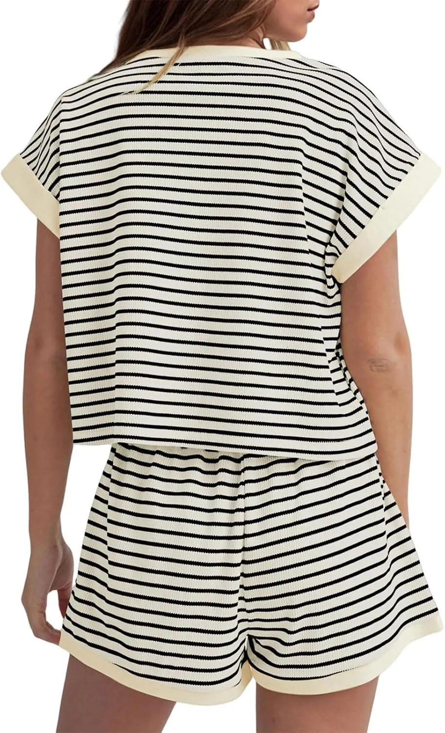 2 Piece Lounge Set Women Striped Color Block Sweatsuit Casual Loose Short Sleeve Tops Shorts Summer Lounge Sets