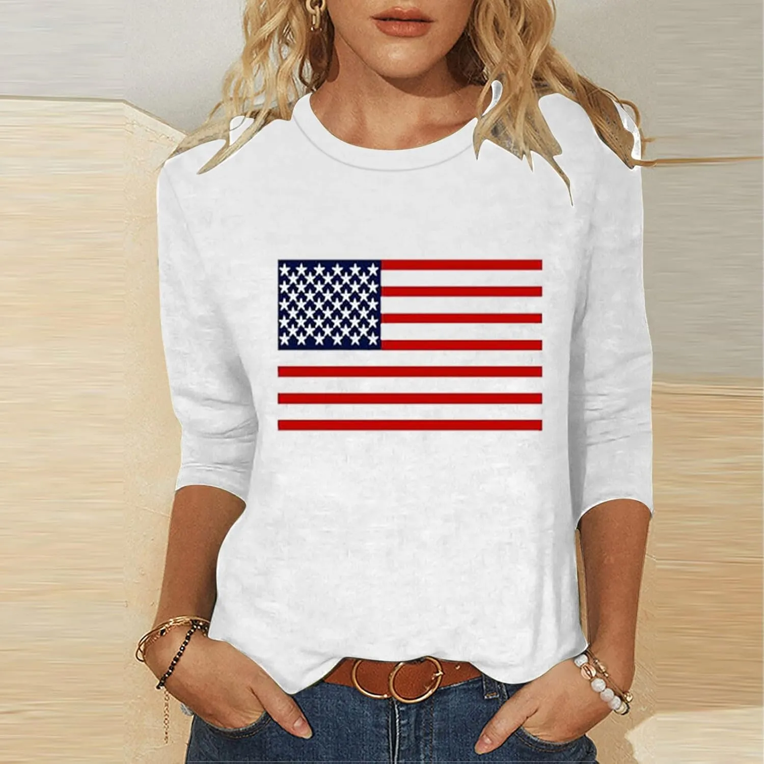4th of July Shirts Women American Flag 3/4 Sleeve Shirt Independence Day Tops Casual Summer T Shirt Patriotic Tees