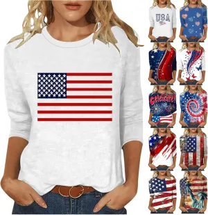 4th of July Shirts Women American Flag 3/4 Sleeve Shirt Independence Day Tops Casual Summer T Shirt Patriotic Tees