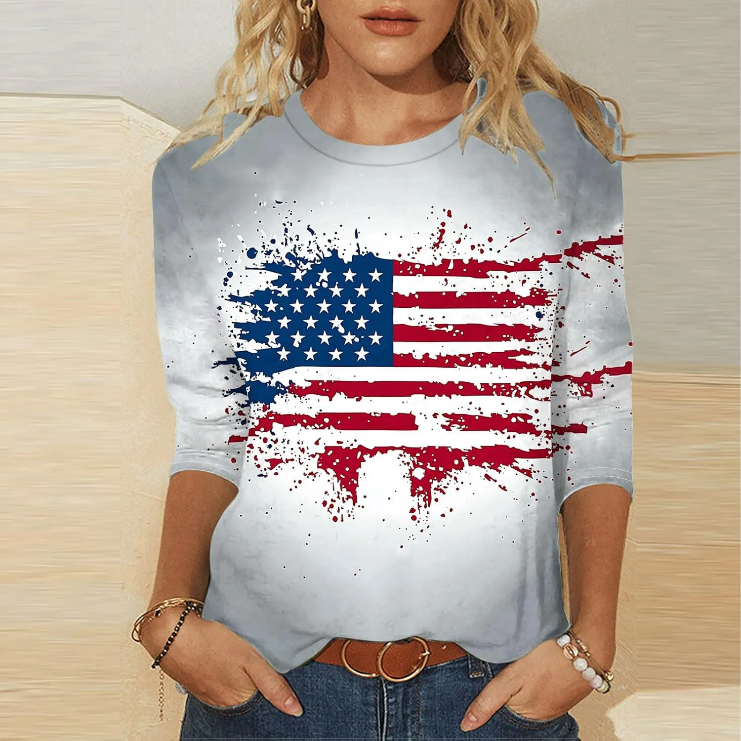 4th of July Shirts Women American Flag 3/4 Sleeve Shirt Independence Day Tops Casual Summer T Shirt Patriotic Tees