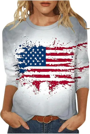 4th of July Shirts Women American Flag 3/4 Sleeve Shirt Independence Day Tops Casual Summer T Shirt Patriotic Tees