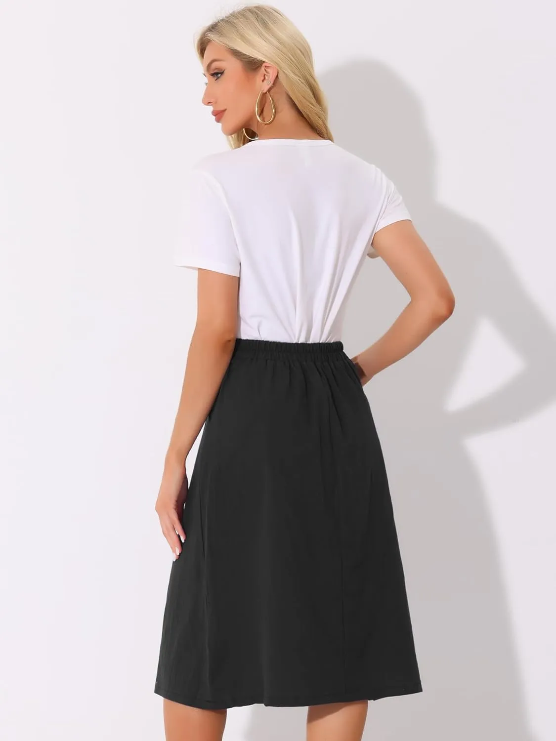 Allegra K Midi Skirts for Women Casual High Elastic Waist Button Pleated Linen A Line Skirts with Pockets