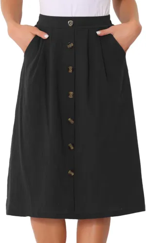 Allegra K Midi Skirts for Women Casual High Elastic Waist Button Pleated Linen A Line Skirts with Pockets