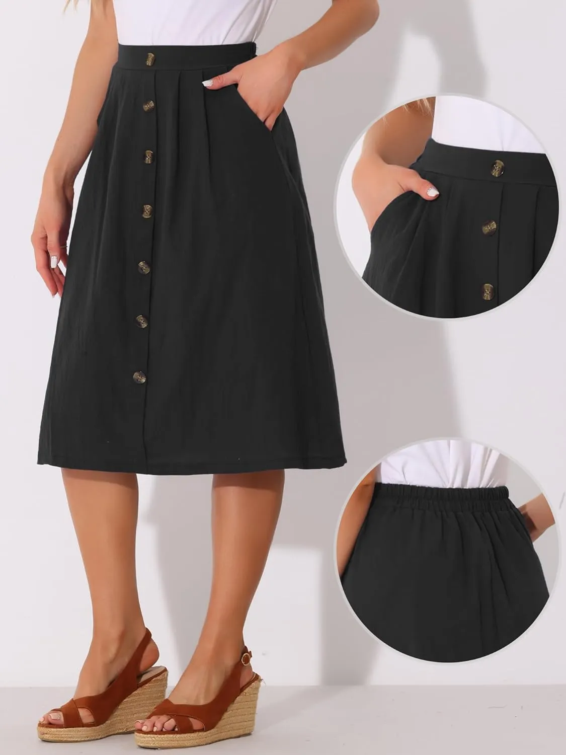 Allegra K Midi Skirts for Women Casual High Elastic Waist Button Pleated Linen A Line Skirts with Pockets