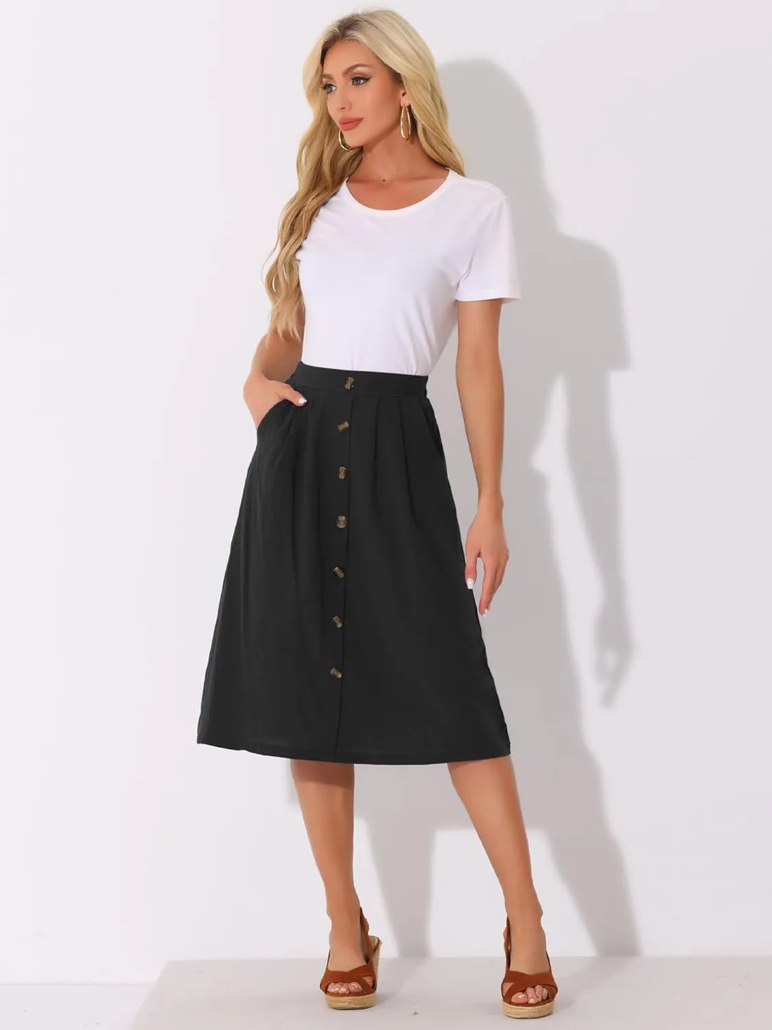 Allegra K Midi Skirts for Women Casual High Elastic Waist Button Pleated Linen A Line Skirts with Pockets