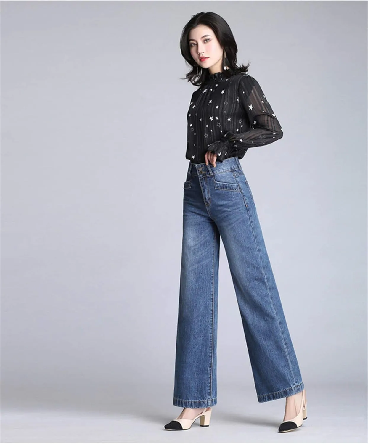 Andongnywell Ladies Loose Casual Stretch High Waist Straight Jeans Wide Leg Cropped Denim Pants Trousers