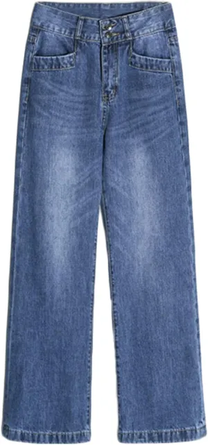 Andongnywell Ladies Loose Casual Stretch High Waist Straight Jeans Wide Leg Cropped Denim Pants Trousers
