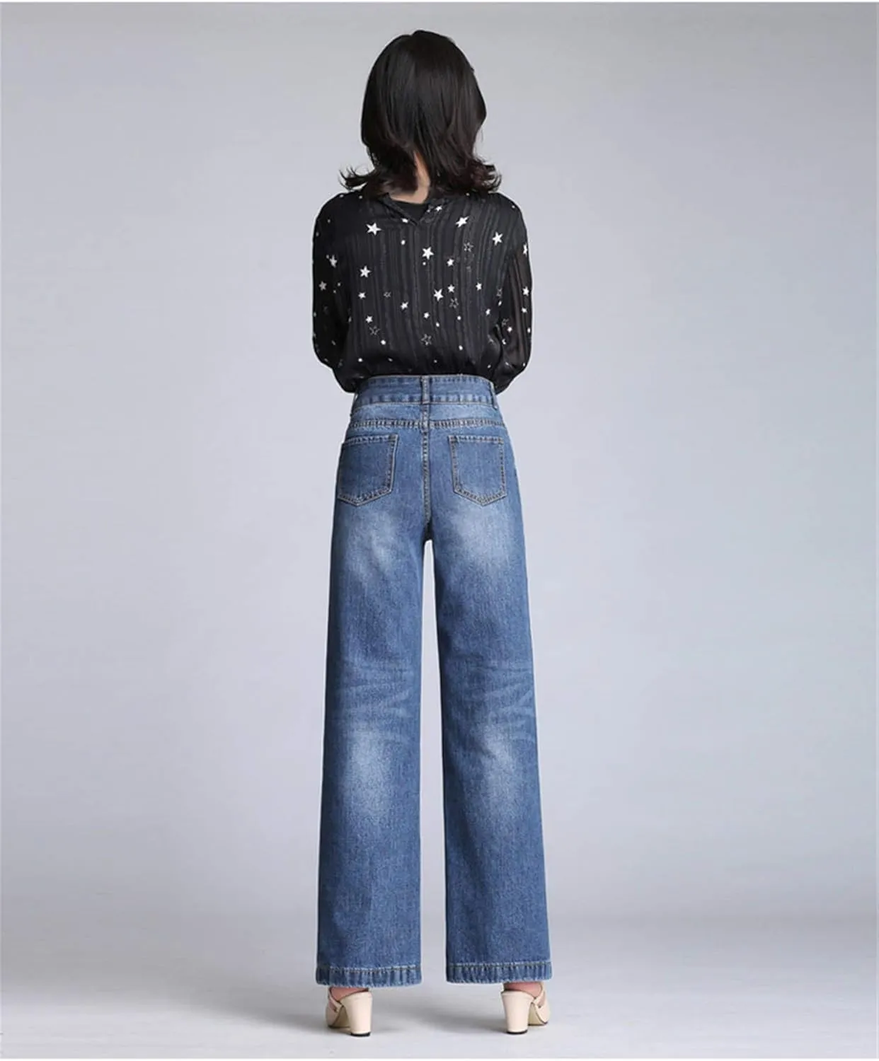 Andongnywell Ladies Loose Casual Stretch High Waist Straight Jeans Wide Leg Cropped Denim Pants Trousers