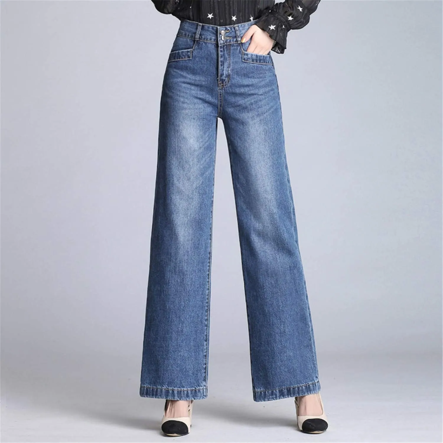 Andongnywell Ladies Loose Casual Stretch High Waist Straight Jeans Wide Leg Cropped Denim Pants Trousers