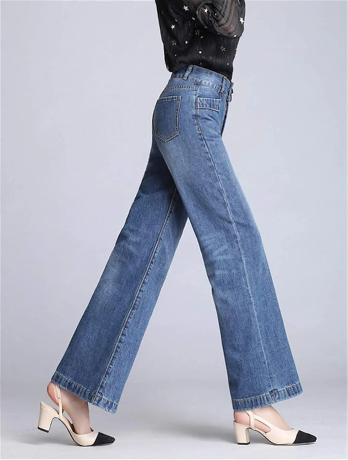 Andongnywell Ladies Loose Casual Stretch High Waist Straight Jeans Wide Leg Cropped Denim Pants Trousers