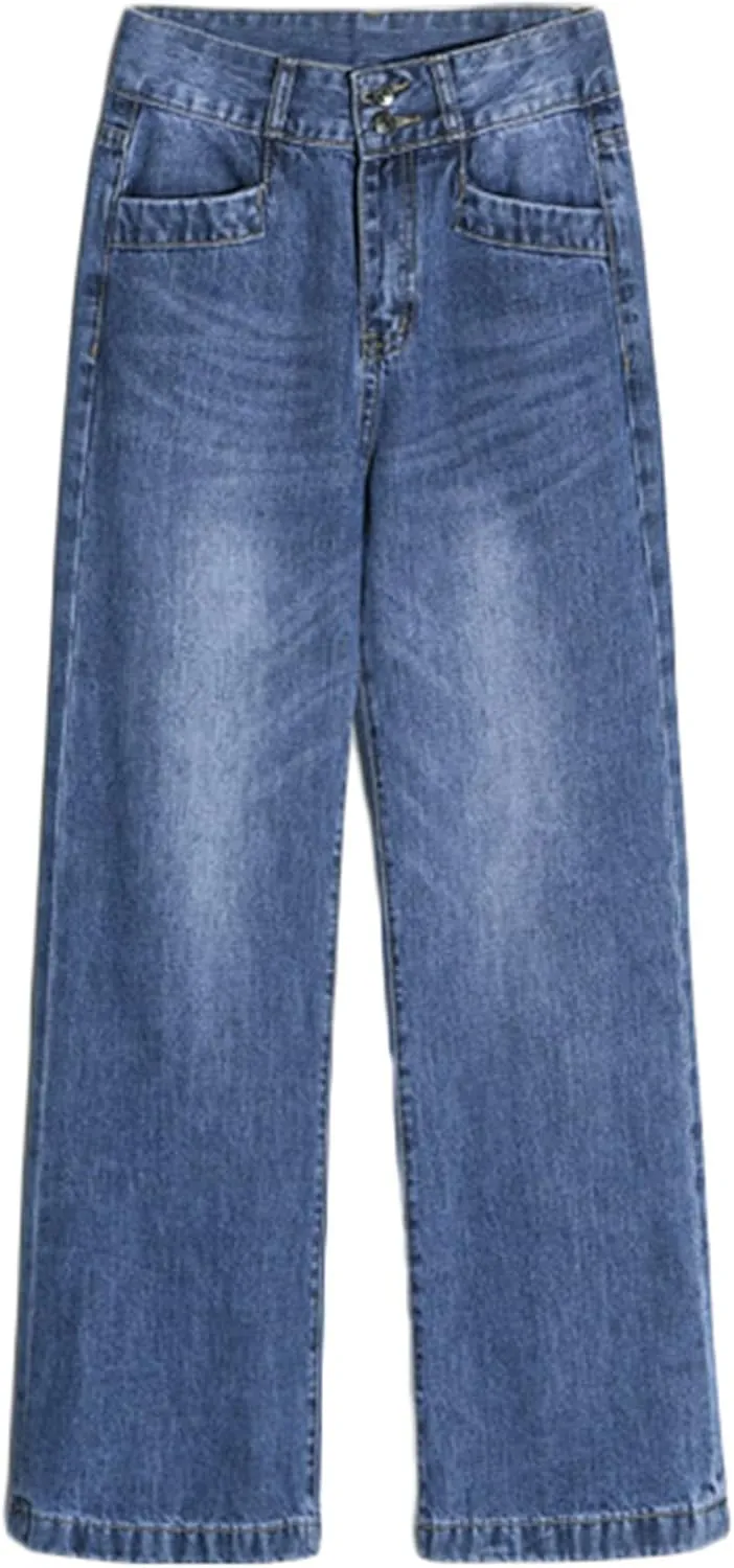 Andongnywell Ladies Loose Casual Stretch High Waist Straight Jeans Wide Leg Cropped Denim Pants Trousers