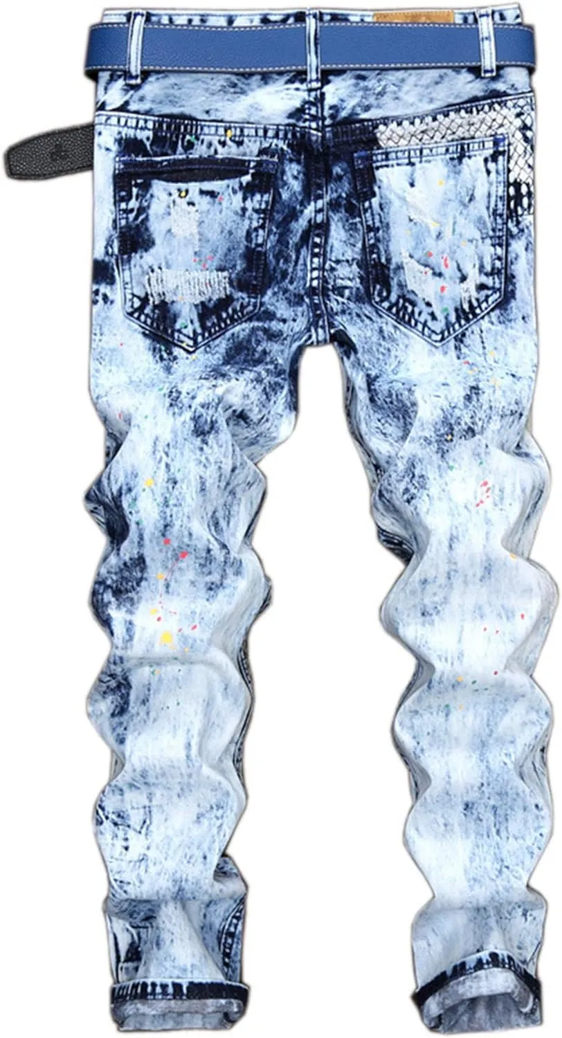 Andongnywell Men's Slim Fit Jeans Stretch Destroyed Skinny Zipper Denim Pencil Pants Ripped Straight Leg Trousers