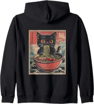 Anime Cat Ramen Japanese Funny Graphic Tees Kawaii Cats Zip Hoodie