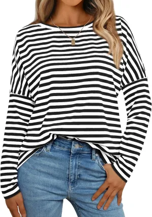 AUTOMET Womens Oversized Striped Long Sleeve Crew Neck Casual Shirts Basic Tops