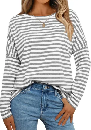 AUTOMET Womens Oversized Striped Long Sleeve Crew Neck Casual Shirts Basic Tops