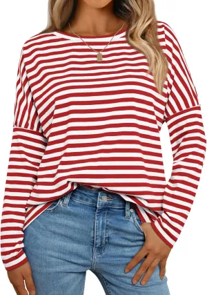AUTOMET Womens Oversized Striped Long Sleeve Crew Neck Casual Shirts Basic Tops