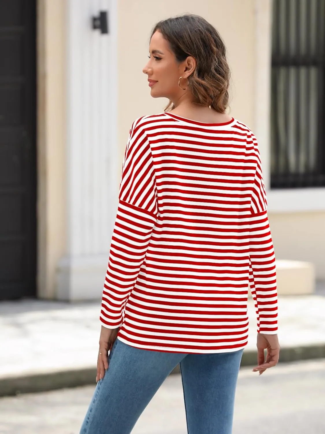 AUTOMET Womens Oversized Striped Long Sleeve Crew Neck Casual Shirts Basic Tops