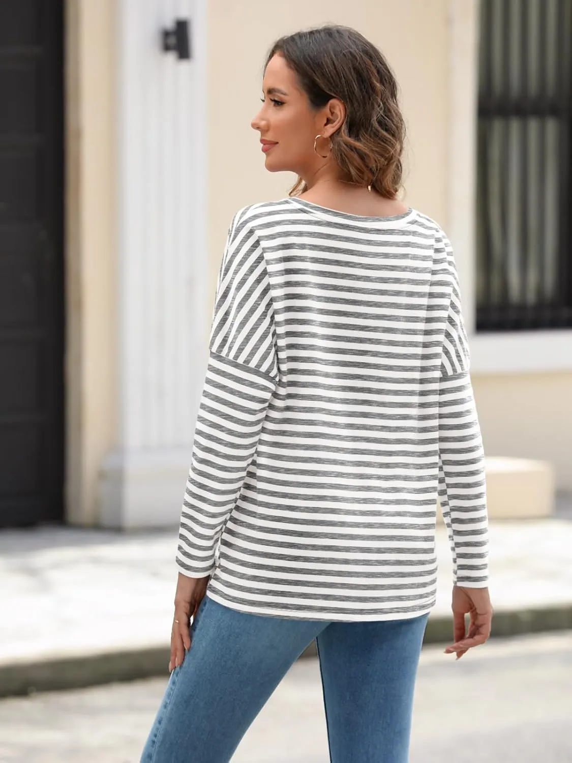AUTOMET Womens Oversized Striped Long Sleeve Crew Neck Casual Shirts Basic Tops