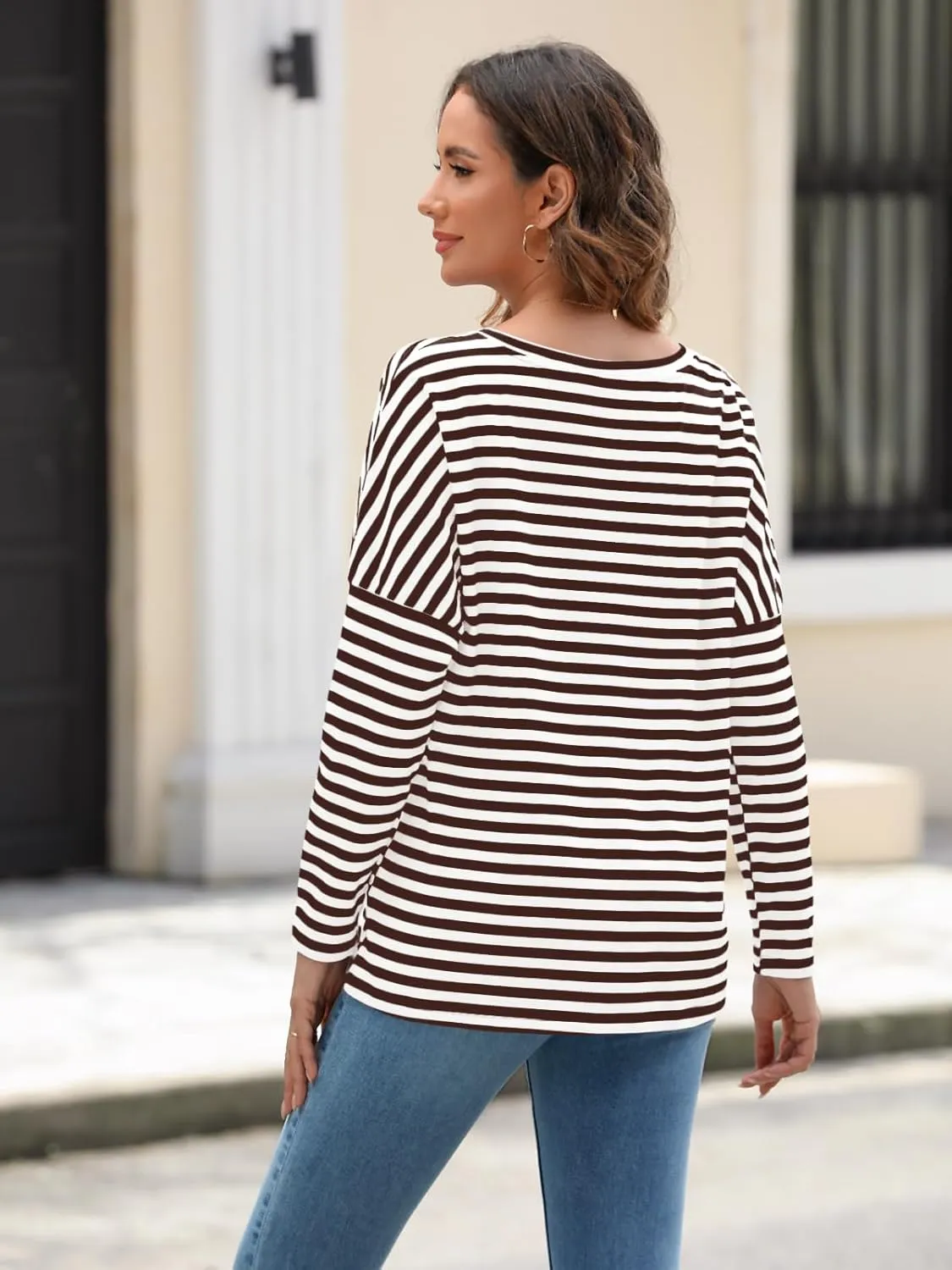 AUTOMET Womens Oversized Striped Long Sleeve Crew Neck Casual Shirts Basic Tops