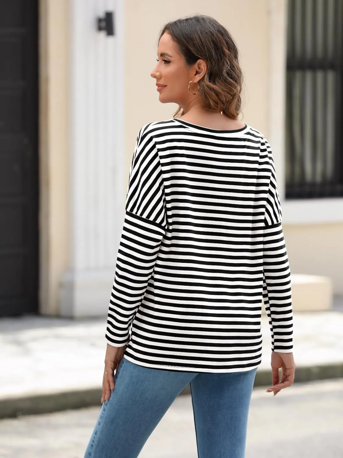 AUTOMET Womens Oversized Striped Long Sleeve Crew Neck Casual Shirts Basic Tops