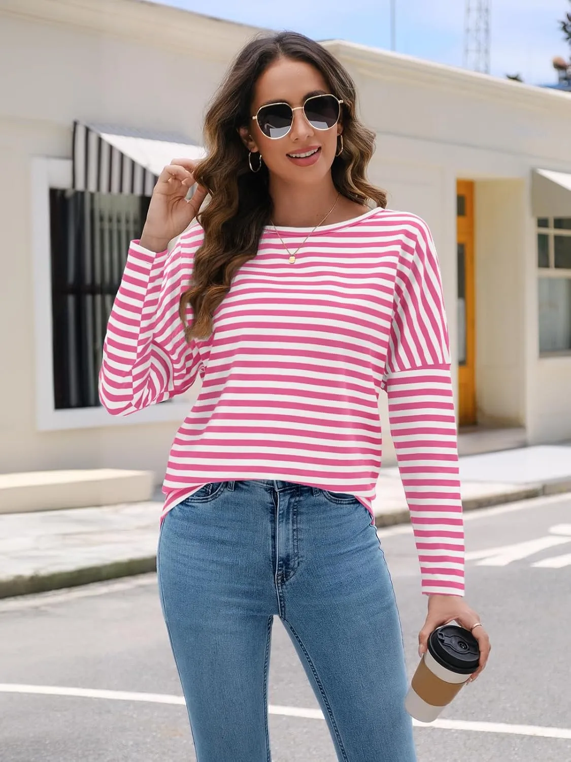 AUTOMET Womens Oversized Striped Long Sleeve Crew Neck Casual Shirts Basic Tops