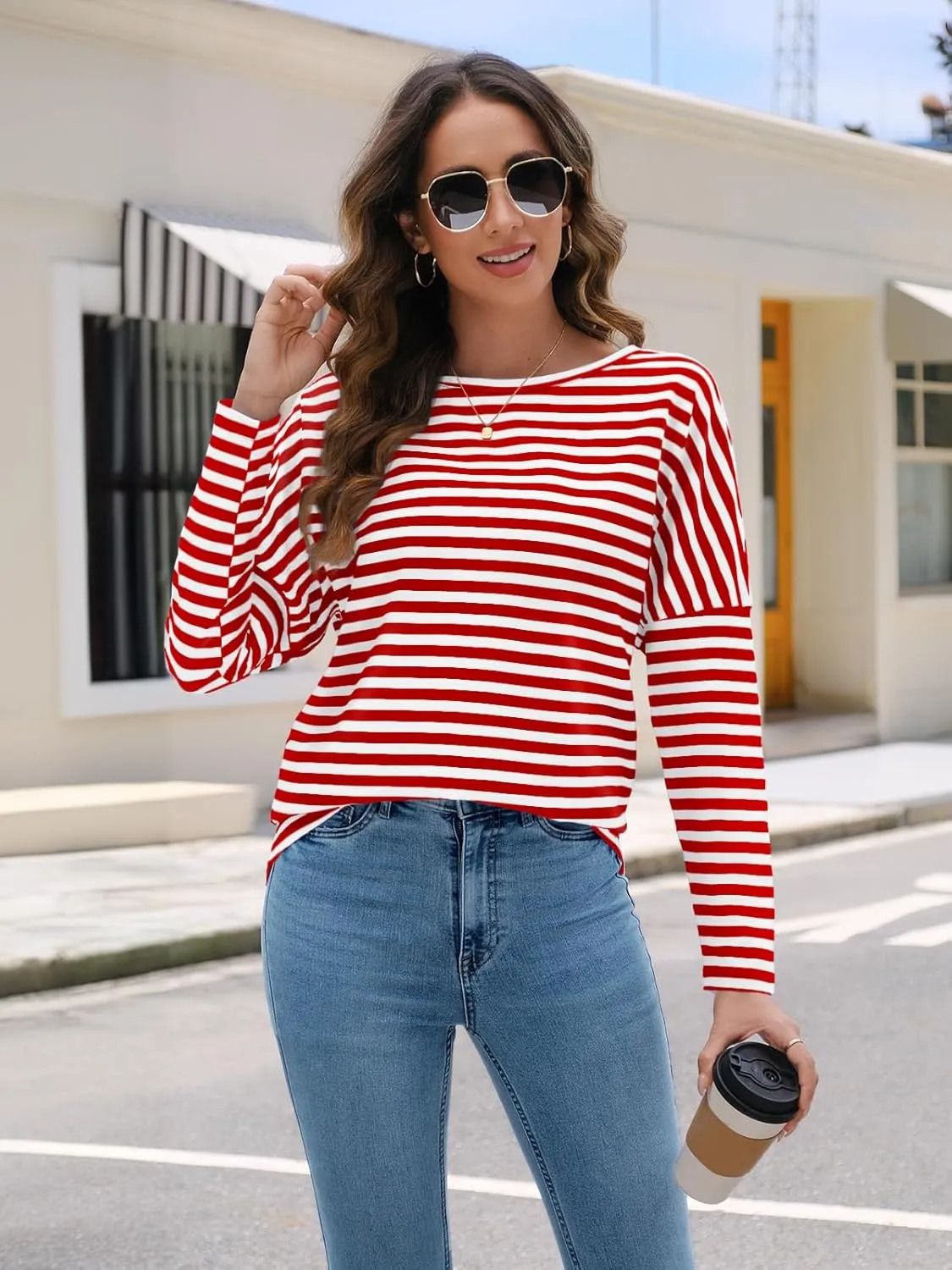 AUTOMET Womens Oversized Striped Long Sleeve Crew Neck Casual Shirts Basic Tops