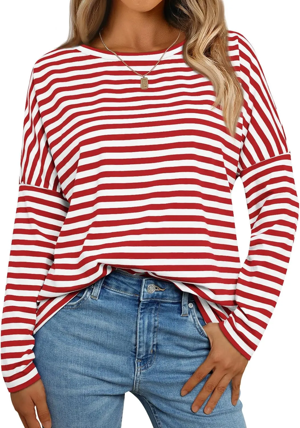 AUTOMET Womens Oversized Striped Long Sleeve Crew Neck Casual Shirts Basic Tops