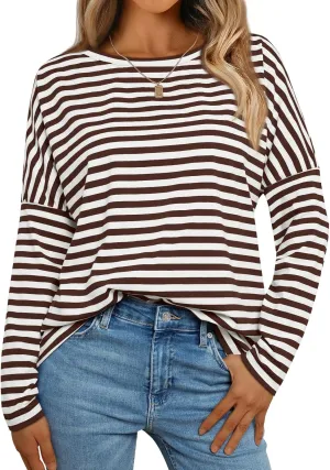 AUTOMET Womens Oversized Striped Long Sleeve Crew Neck Casual Shirts Basic Tops