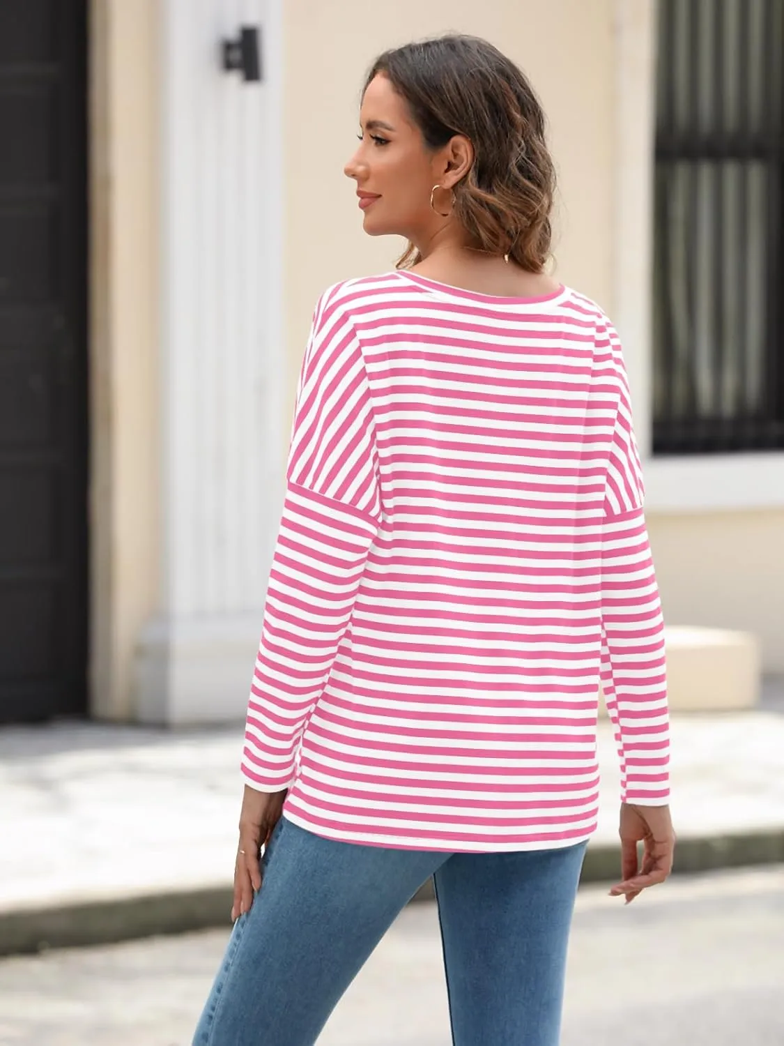 AUTOMET Womens Oversized Striped Long Sleeve Crew Neck Casual Shirts Basic Tops