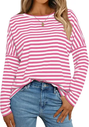AUTOMET Womens Oversized Striped Long Sleeve Crew Neck Casual Shirts Basic Tops