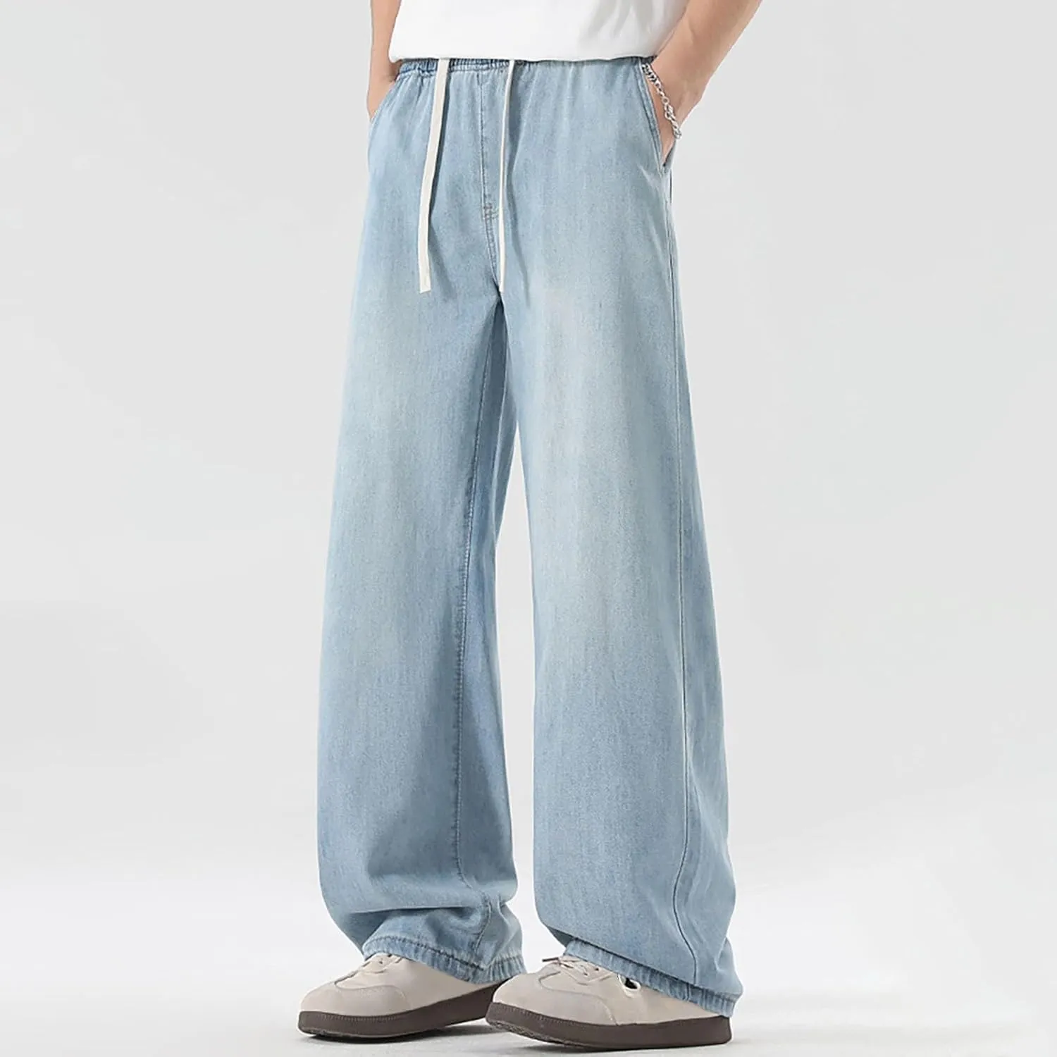 Baggy Jeans Men Straight Leg Drawstring Denim Pants Summer Wide Legs Hip Hop Jeans Trousers Casual Streetwear