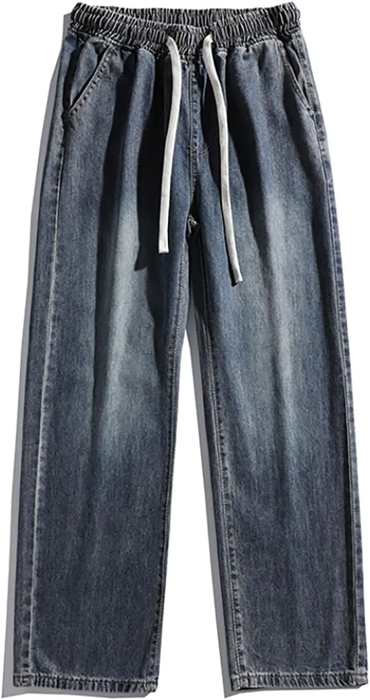 Baggy Jeans Men Straight Leg Drawstring Denim Pants Summer Wide Legs Hip Hop Jeans Trousers Casual Streetwear