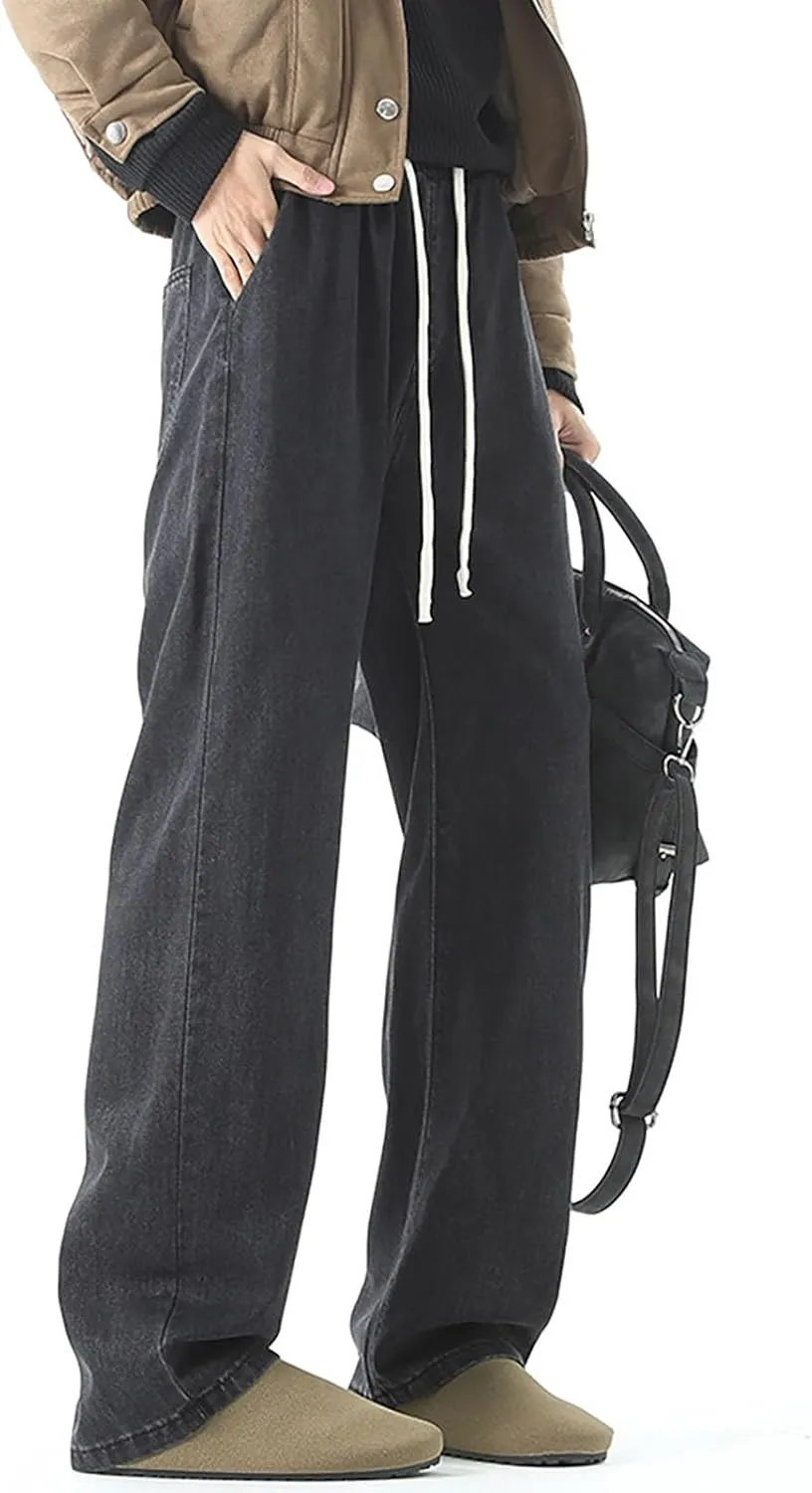 Baggy Jeans Men Straight Leg Drawstring Denim Pants Summer Wide Legs Hip Hop Jeans Trousers Casual Streetwear