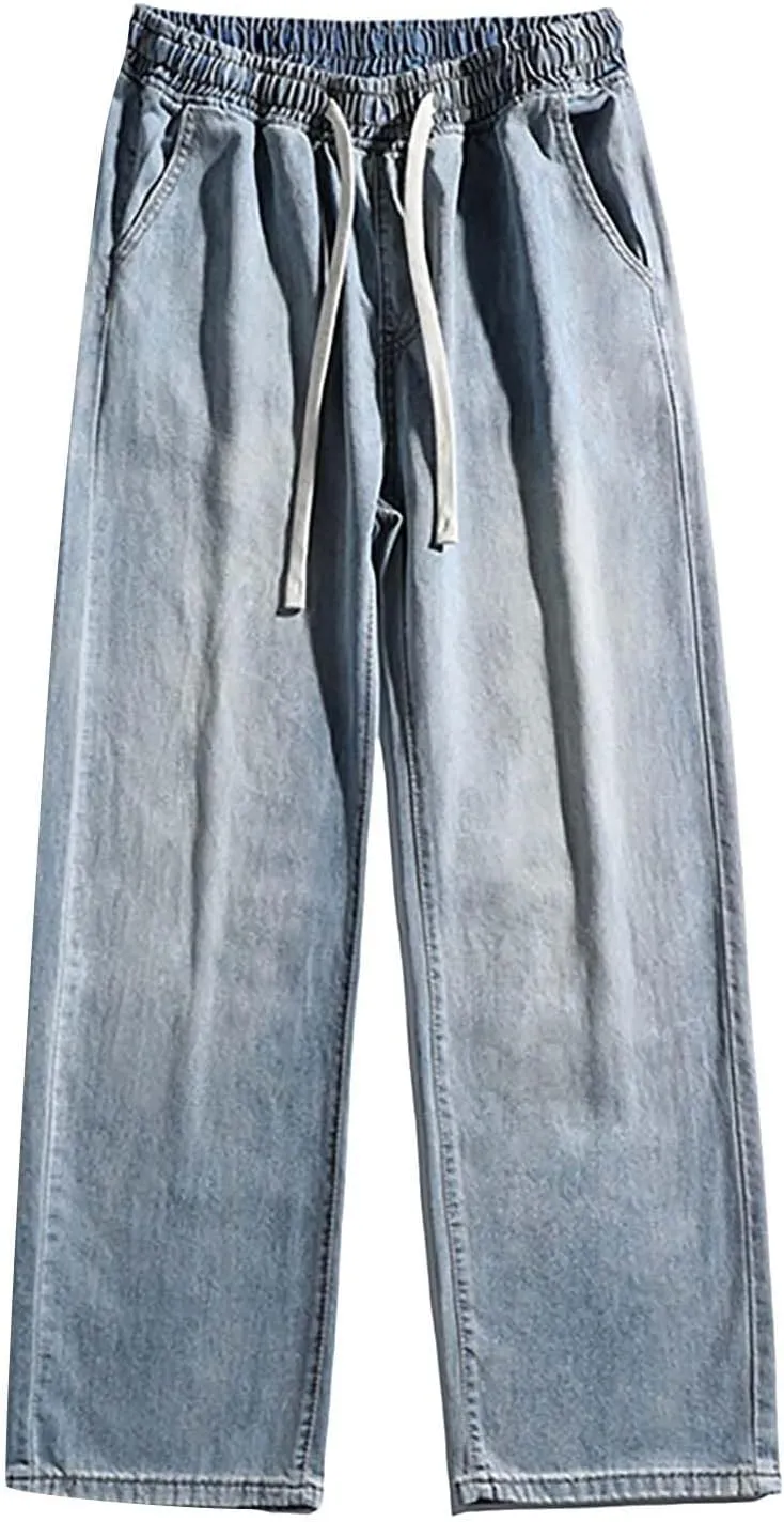 Baggy Jeans Men Straight Leg Drawstring Denim Pants Summer Wide Legs Hip Hop Jeans Trousers Casual Streetwear