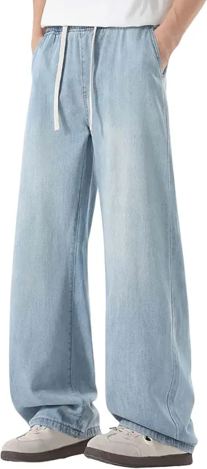 Baggy Jeans Men Straight Leg Drawstring Denim Pants Summer Wide Legs Hip Hop Jeans Trousers Casual Streetwear