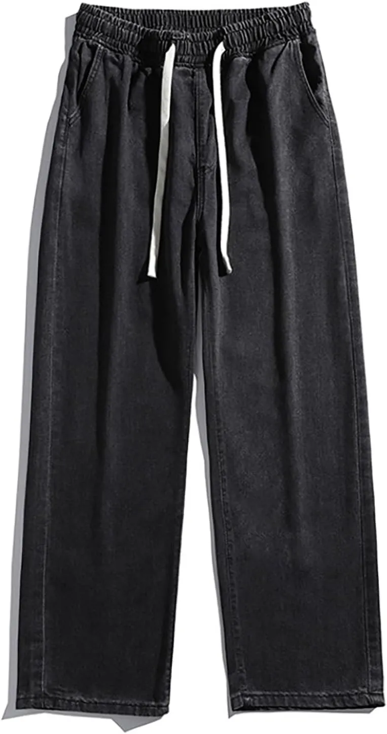 Baggy Jeans Men Straight Leg Drawstring Denim Pants Summer Wide Legs Hip Hop Jeans Trousers Casual Streetwear