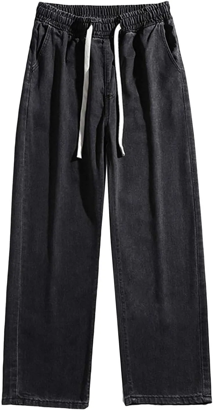 Baggy Jeans Men Straight Leg Drawstring Denim Pants Summer Wide Legs Hip Hop Jeans Trousers Casual Streetwear