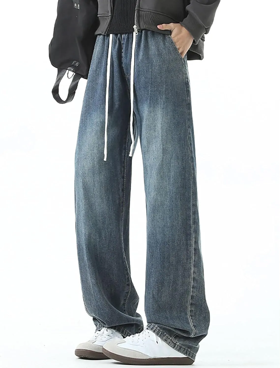 Baggy Jeans Men Straight Leg Drawstring Denim Pants Summer Wide Legs Hip Hop Jeans Trousers Casual Streetwear