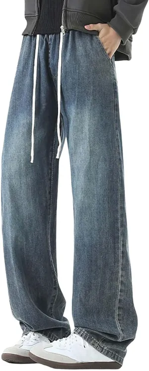 Baggy Jeans Men Straight Leg Drawstring Denim Pants Summer Wide Legs Hip Hop Jeans Trousers Casual Streetwear