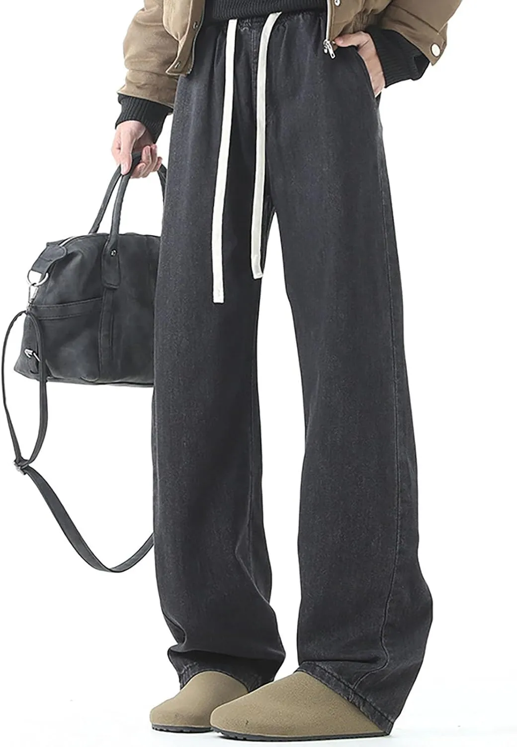 Baggy Jeans Men Straight Leg Drawstring Denim Pants Summer Wide Legs Hip Hop Jeans Trousers Casual Streetwear