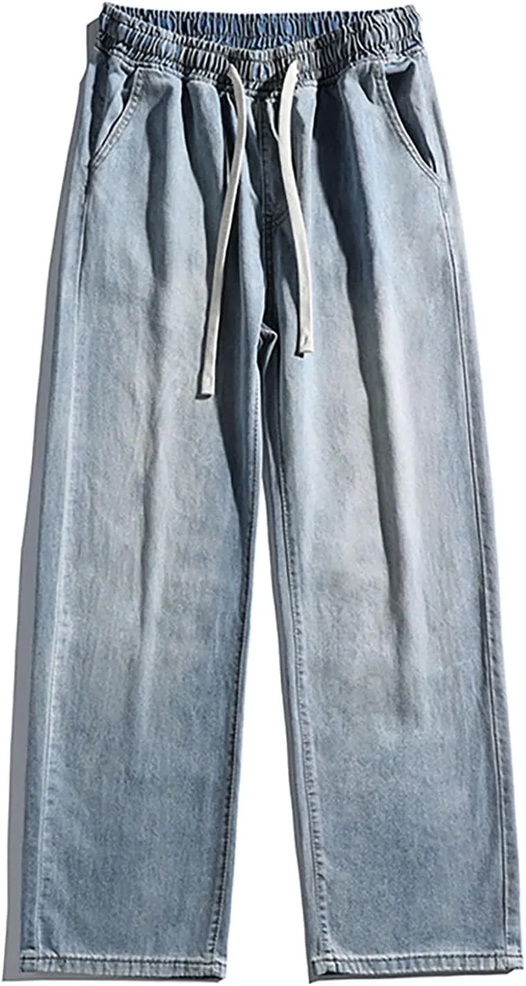 Baggy Jeans Men Straight Leg Drawstring Denim Pants Summer Wide Legs Hip Hop Jeans Trousers Casual Streetwear