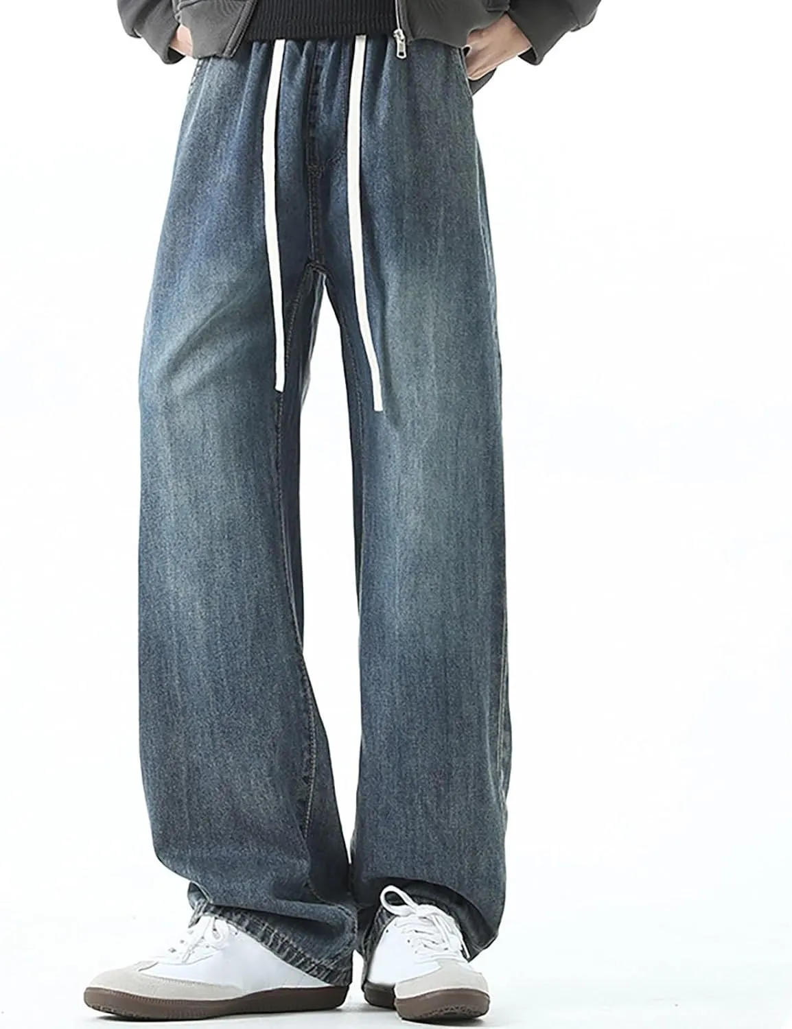 Baggy Jeans Men Straight Leg Drawstring Denim Pants Summer Wide Legs Hip Hop Jeans Trousers Casual Streetwear