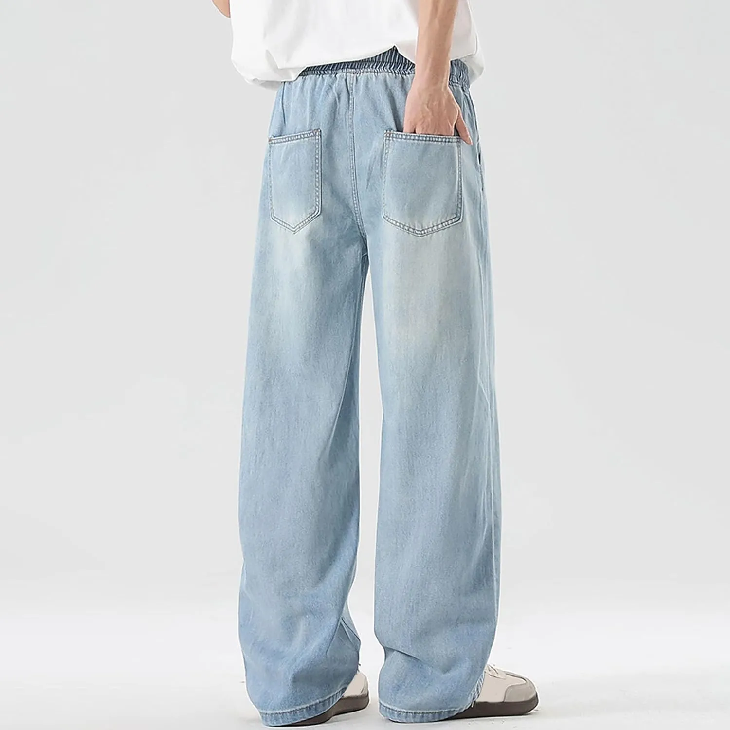 Baggy Jeans Men Straight Leg Drawstring Denim Pants Summer Wide Legs Hip Hop Jeans Trousers Casual Streetwear