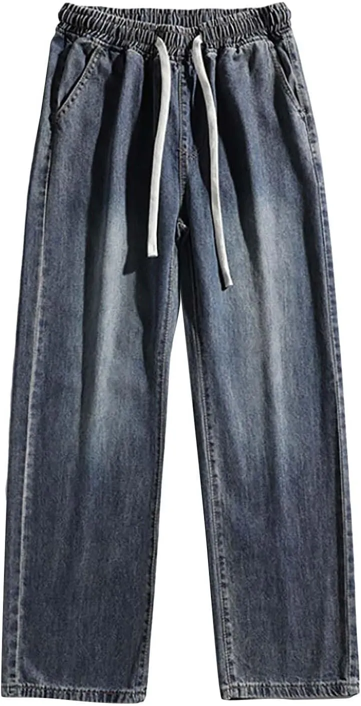 Baggy Jeans Men Straight Leg Drawstring Denim Pants Summer Wide Legs Hip Hop Jeans Trousers Casual Streetwear