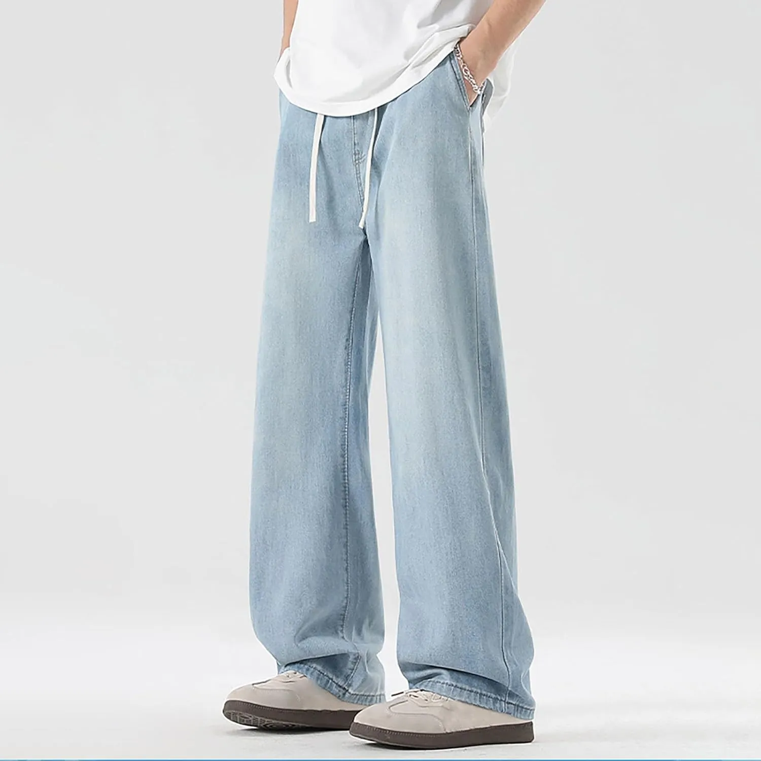 Baggy Jeans Men Straight Leg Drawstring Denim Pants Summer Wide Legs Hip Hop Jeans Trousers Casual Streetwear