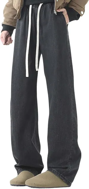 Baggy Jeans Men Straight Leg Drawstring Denim Pants Summer Wide Legs Hip Hop Jeans Trousers Casual Streetwear