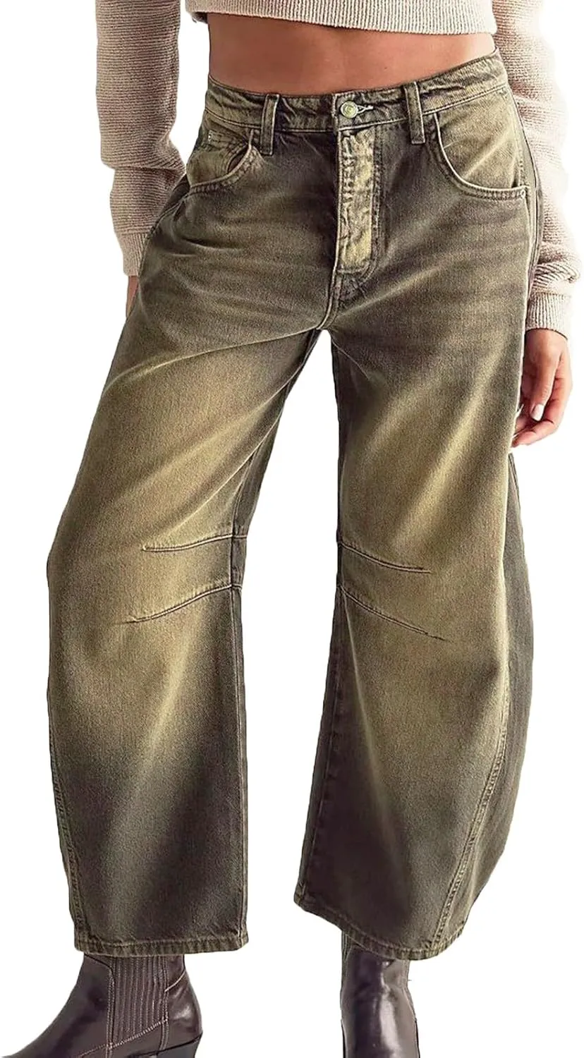 Barrel Jeans Women Wide Leg Mid Rise Vintage Loose Fit Jeans Trendy Denim Pants Y2k Baggy Boyfriend Trousers